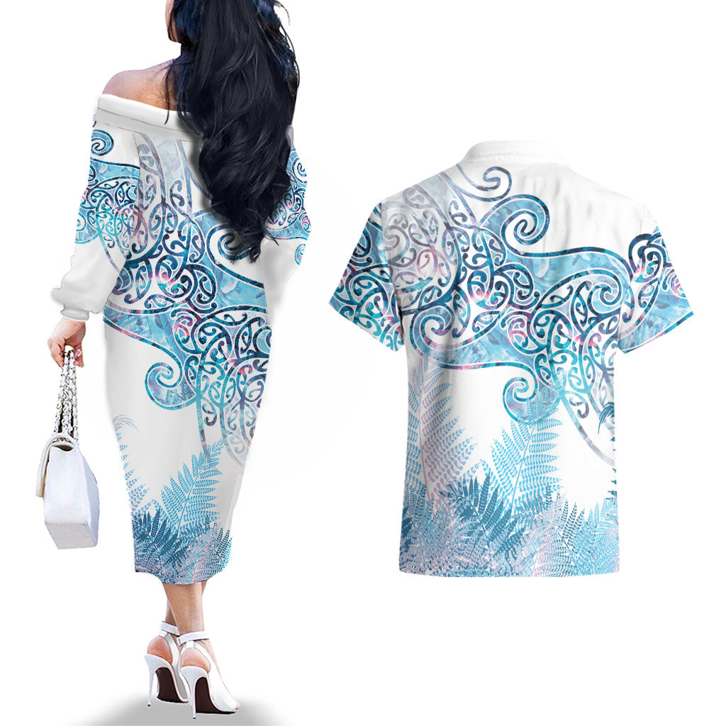 Aotearoa Maori Koru Curves Couples Matching Off The Shoulder Long Sleeve Dress and Hawaiian Shirt Aqua Paua Shell LT7 - Polynesian Pride
