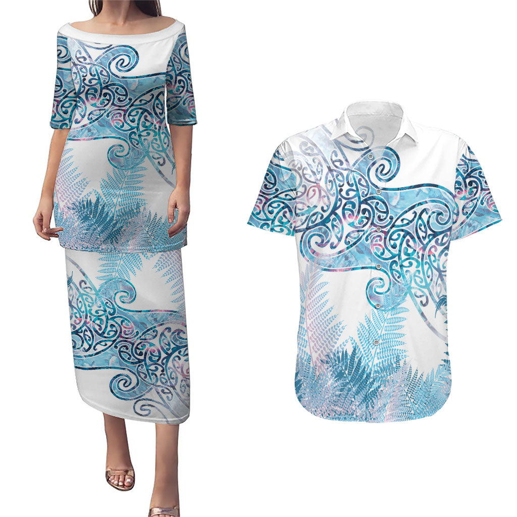 Aotearoa Maori Koru Curves Couples Matching Puletasi and Hawaiian Shirt Aqua Paua Shell