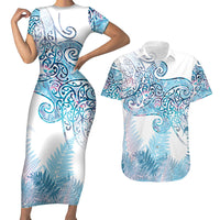 Aotearoa Maori Koru Curves Couples Matching Short Sleeve Bodycon Dress and Hawaiian Shirt Aqua Paua Shell LT7 Blue - Polynesian Pride