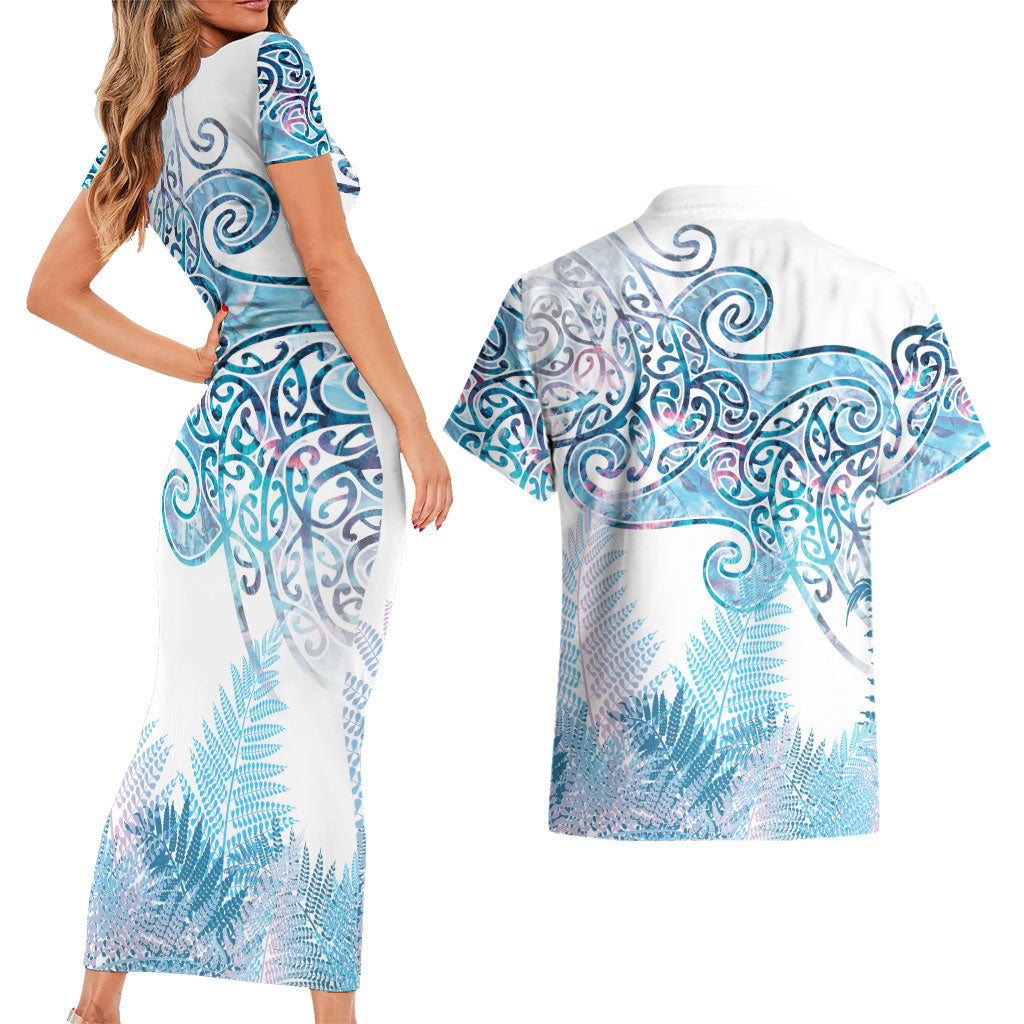Aotearoa Maori Koru Curves Couples Matching Short Sleeve Bodycon Dress and Hawaiian Shirt Aqua Paua Shell LT7 - Polynesian Pride