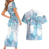 Aotearoa Maori Koru Curves Couples Matching Short Sleeve Bodycon Dress and Hawaiian Shirt Aqua Paua Shell LT7 - Polynesian Pride