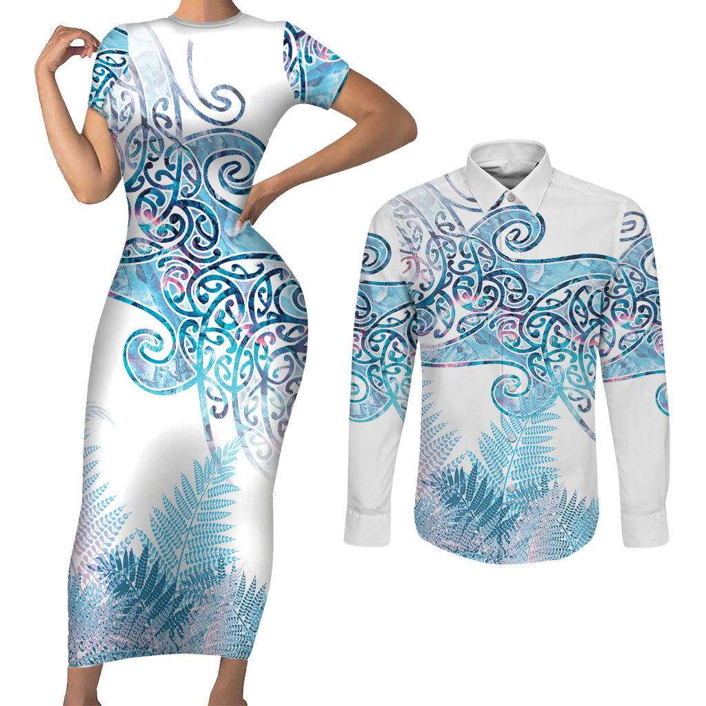 Aotearoa Maori Koru Curves Couples Matching Short Sleeve Bodycon Dress and Long Sleeve Button Shirt Aqua Paua Shell