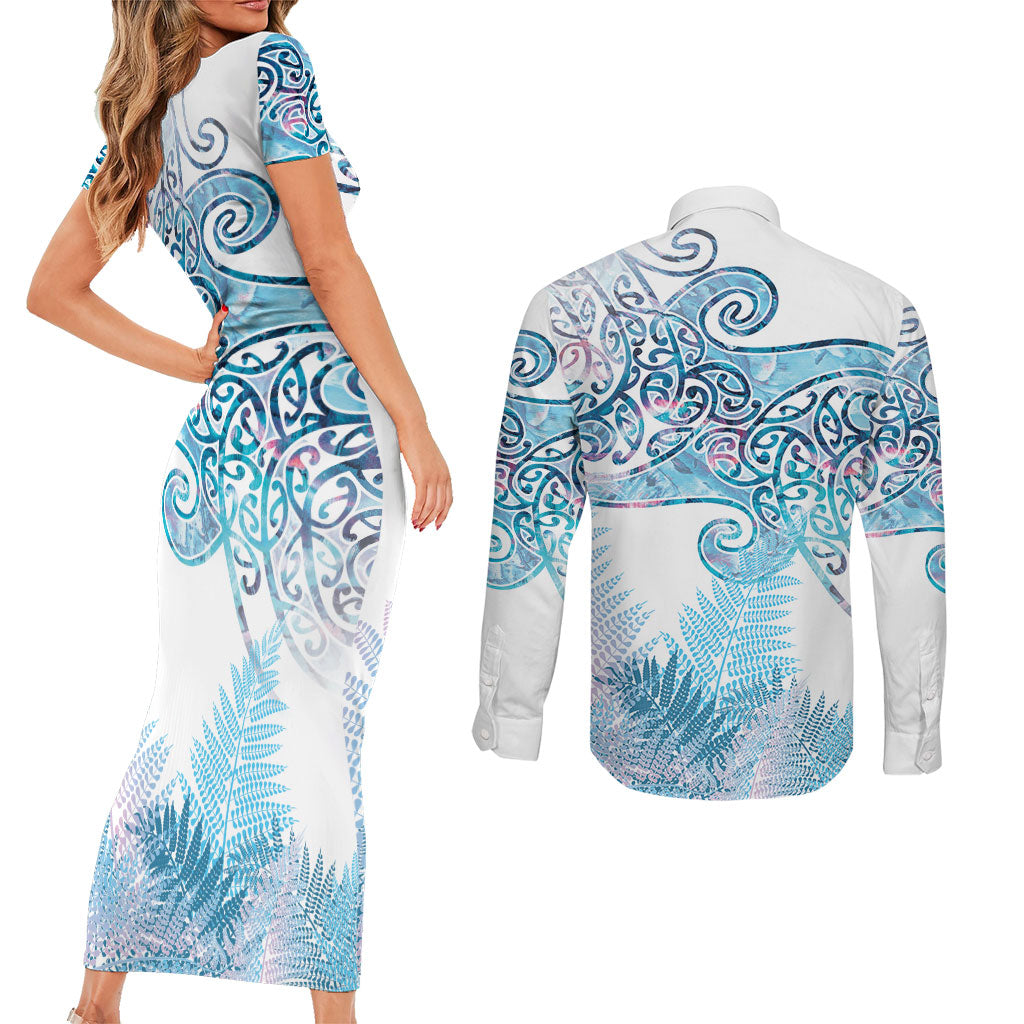Aotearoa Maori Koru Curves Couples Matching Short Sleeve Bodycon Dress and Long Sleeve Button Shirt Aqua Paua Shell