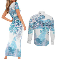 Aotearoa Maori Koru Curves Couples Matching Short Sleeve Bodycon Dress and Long Sleeve Button Shirt Aqua Paua Shell