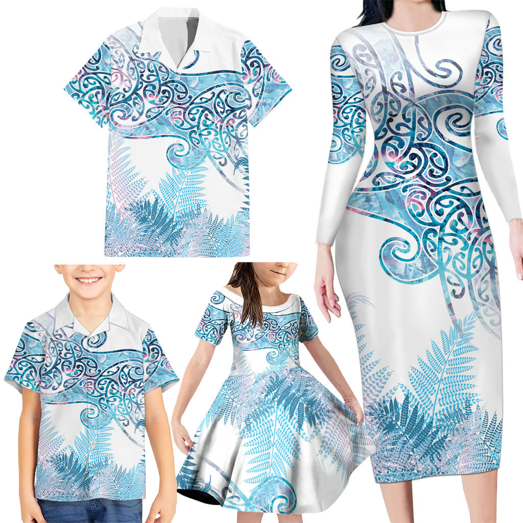 Aotearoa Maori Koru Curves Family Matching Long Sleeve Bodycon Dress and Hawaiian Shirt Aqua Paua Shell