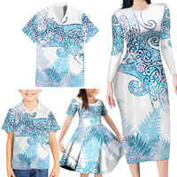 Aotearoa Maori Koru Curves Family Matching Long Sleeve Bodycon Dress and Hawaiian Shirt Aqua Paua Shell
