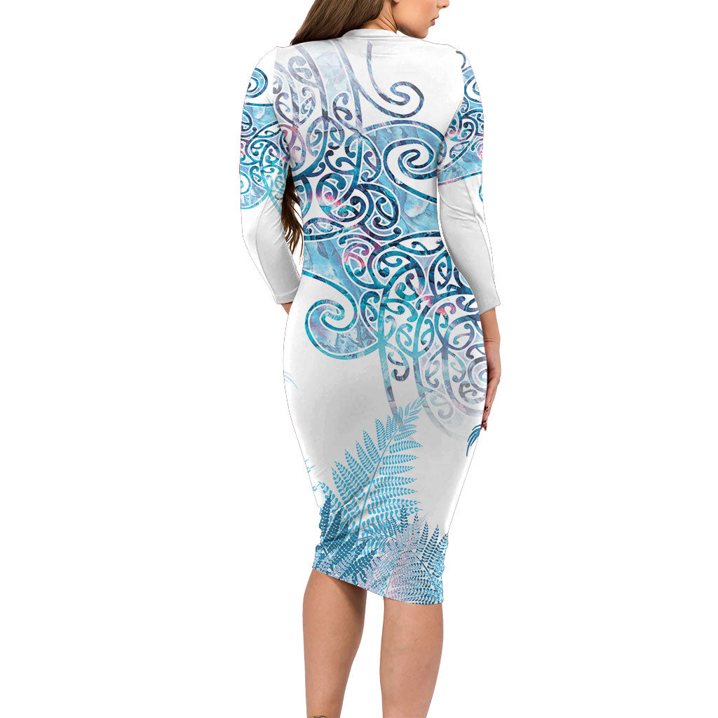 Aotearoa Maori Koru Curves Family Matching Long Sleeve Bodycon Dress and Hawaiian Shirt Aqua Paua Shell