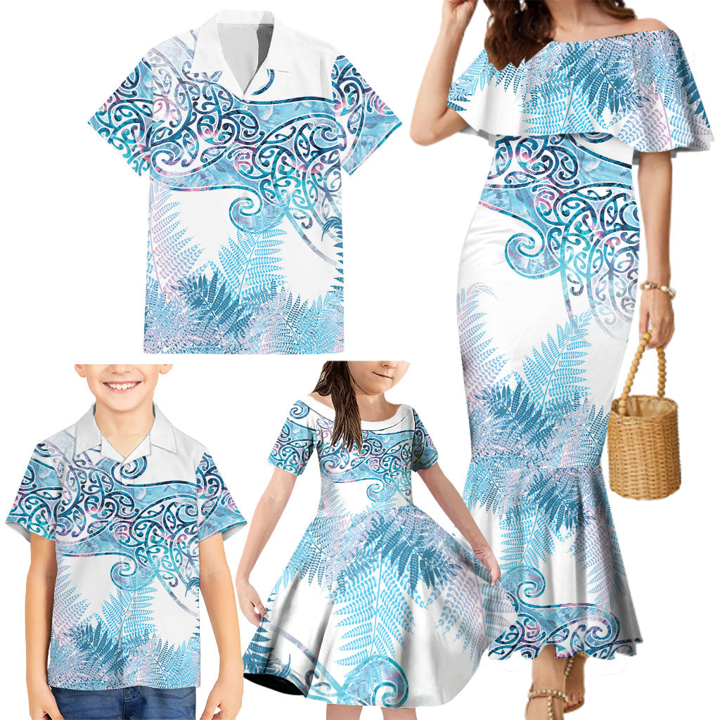 Aotearoa Maori Koru Curves Family Matching Mermaid Dress and Hawaiian Shirt Aqua Paua Shell