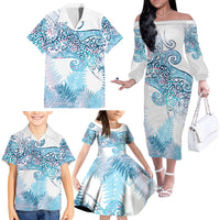 Aotearoa Maori Koru Curves Family Matching Off The Shoulder Long Sleeve Dress and Hawaiian Shirt Aqua Paua Shell