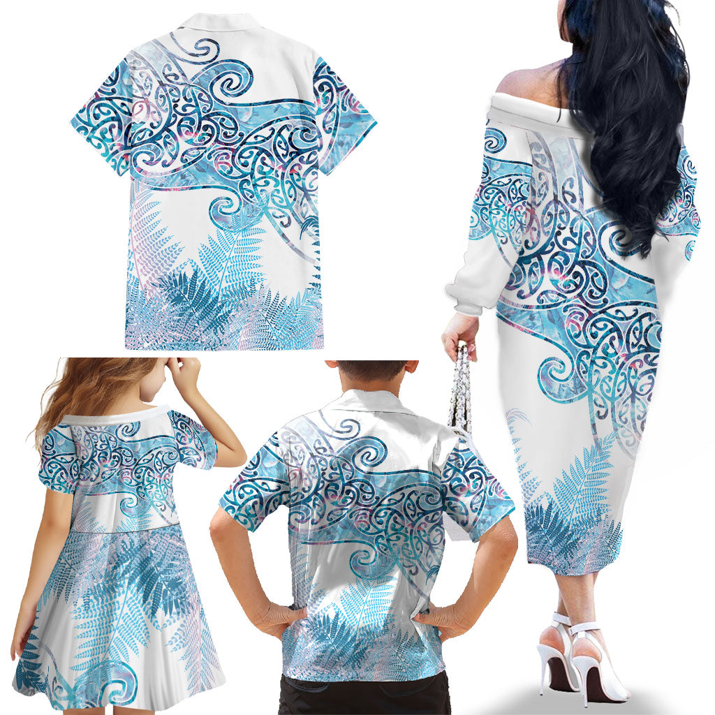 Aotearoa Maori Koru Curves Family Matching Off The Shoulder Long Sleeve Dress and Hawaiian Shirt Aqua Paua Shell