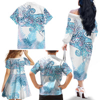 Aotearoa Maori Koru Curves Family Matching Off The Shoulder Long Sleeve Dress and Hawaiian Shirt Aqua Paua Shell
