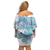 Aotearoa Maori Koru Curves Family Matching Off Shoulder Short Dress and Hawaiian Shirt Aqua Paua Shell