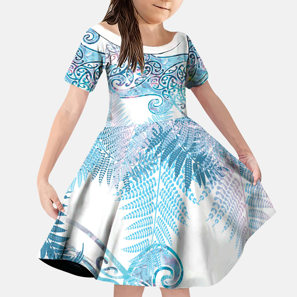 Aotearoa Maori Koru Curves Family Matching Short Sleeve Bodycon Dress and Hawaiian Shirt Aqua Paua Shell LT7 Daughter's Dress Blue - Polynesian Pride