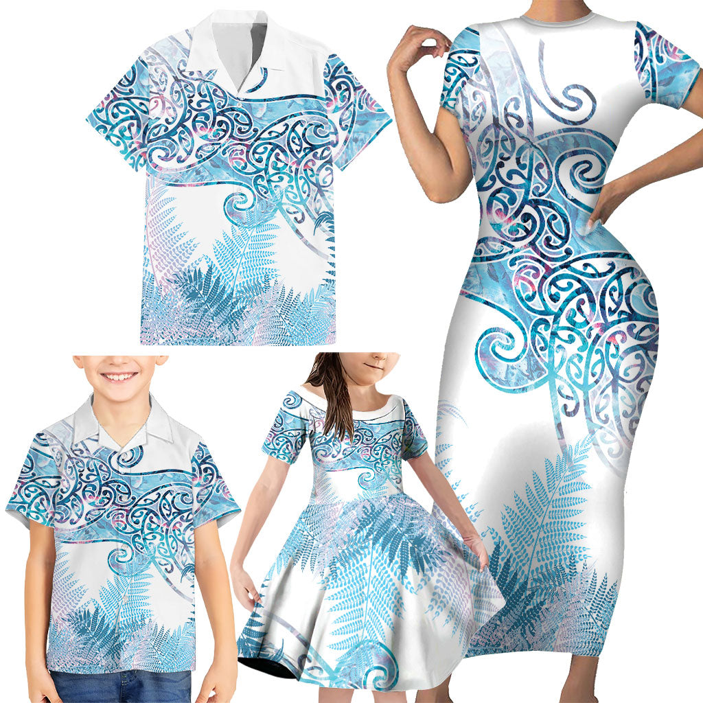 Aotearoa Maori Koru Curves Family Matching Short Sleeve Bodycon Dress and Hawaiian Shirt Aqua Paua Shell LT7 - Polynesian Pride