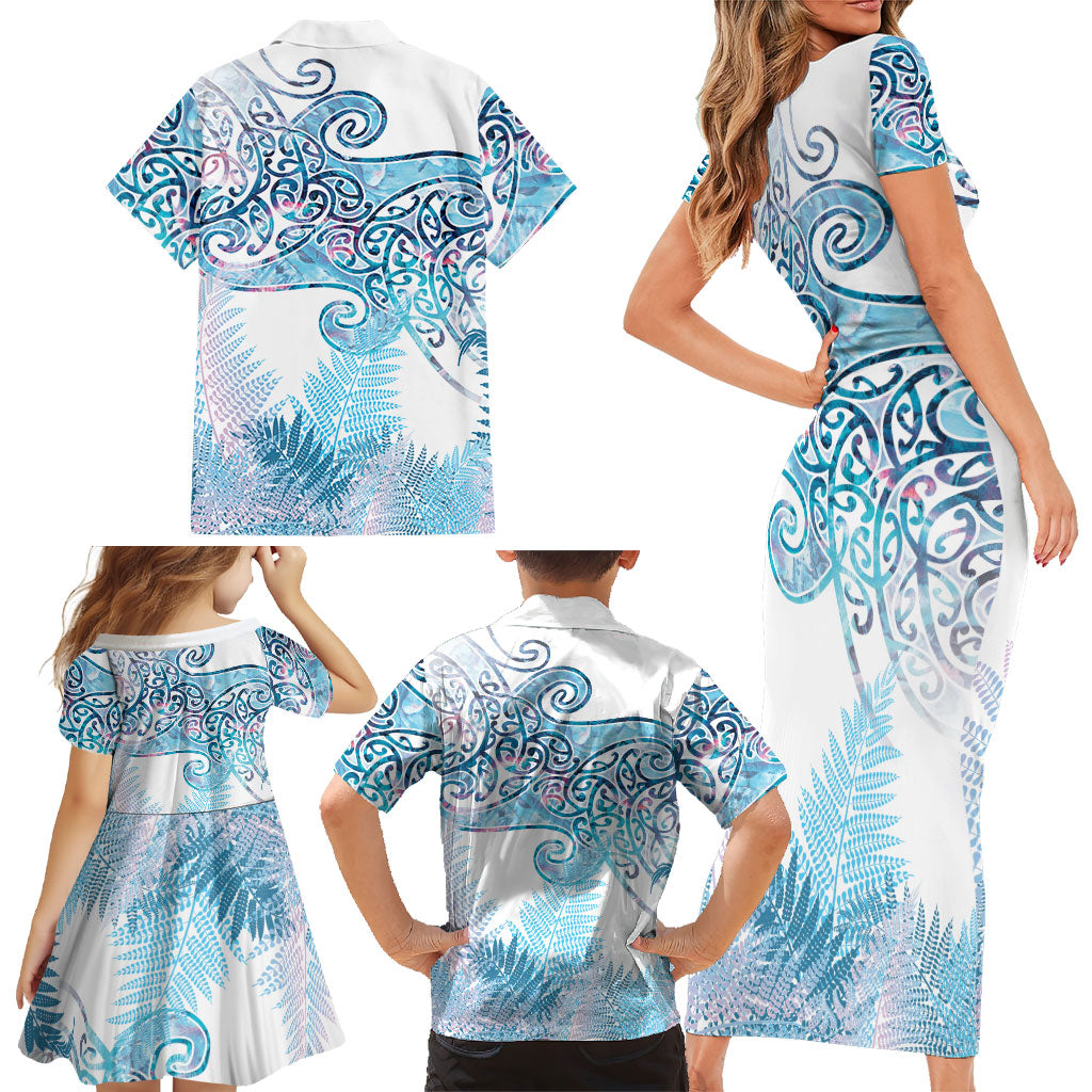 Aotearoa Maori Koru Curves Family Matching Short Sleeve Bodycon Dress and Hawaiian Shirt Aqua Paua Shell LT7 - Polynesian Pride
