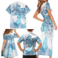 Aotearoa Maori Koru Curves Family Matching Short Sleeve Bodycon Dress and Hawaiian Shirt Aqua Paua Shell LT7 - Polynesian Pride