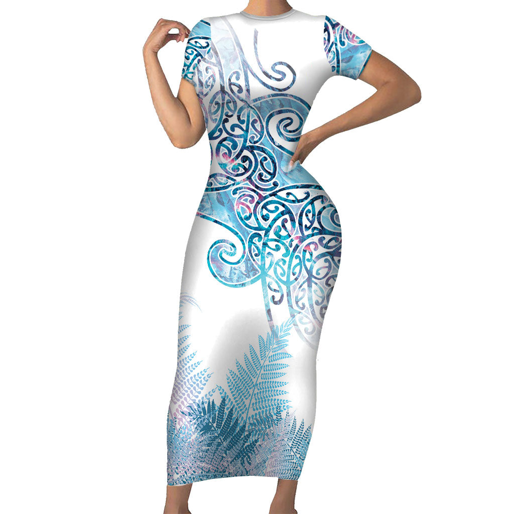 Aotearoa Maori Koru Curves Family Matching Short Sleeve Bodycon Dress and Hawaiian Shirt Aqua Paua Shell LT7 Mom's Dress Blue - Polynesian Pride