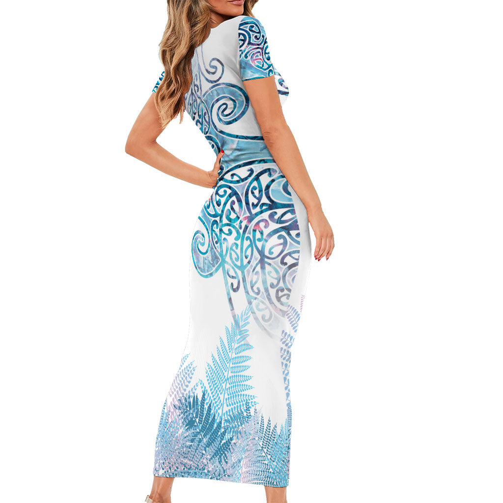 Aotearoa Maori Koru Curves Family Matching Short Sleeve Bodycon Dress and Hawaiian Shirt Aqua Paua Shell LT7 - Polynesian Pride