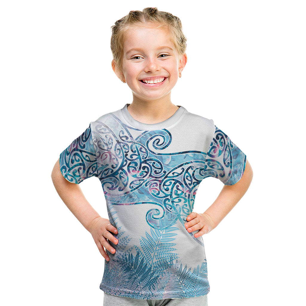 Aotearoa Maori Koru Curves Kid T Shirt Aqua Paua Shell