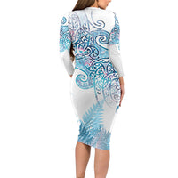 Aotearoa Maori Koru Curves Long Sleeve Bodycon Dress Aqua Paua Shell LT7 - Polynesian Pride