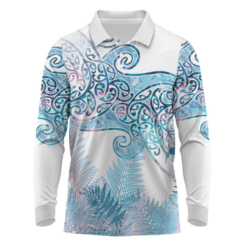 Aotearoa Maori Koru Curves Long Sleeve Polo Shirt Aqua Paua Shell