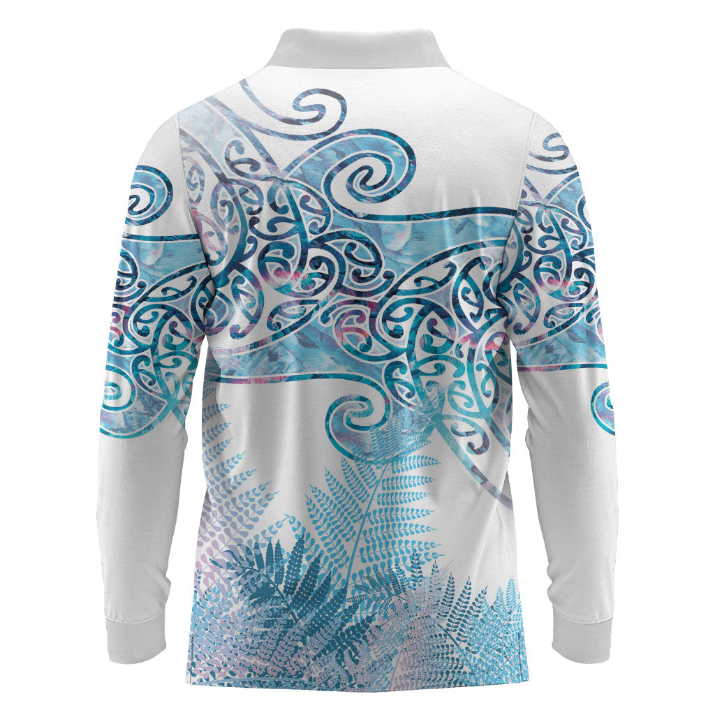 Aotearoa Maori Koru Curves Long Sleeve Polo Shirt Aqua Paua Shell
