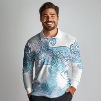 Aotearoa Maori Koru Curves Long Sleeve Polo Shirt Aqua Paua Shell