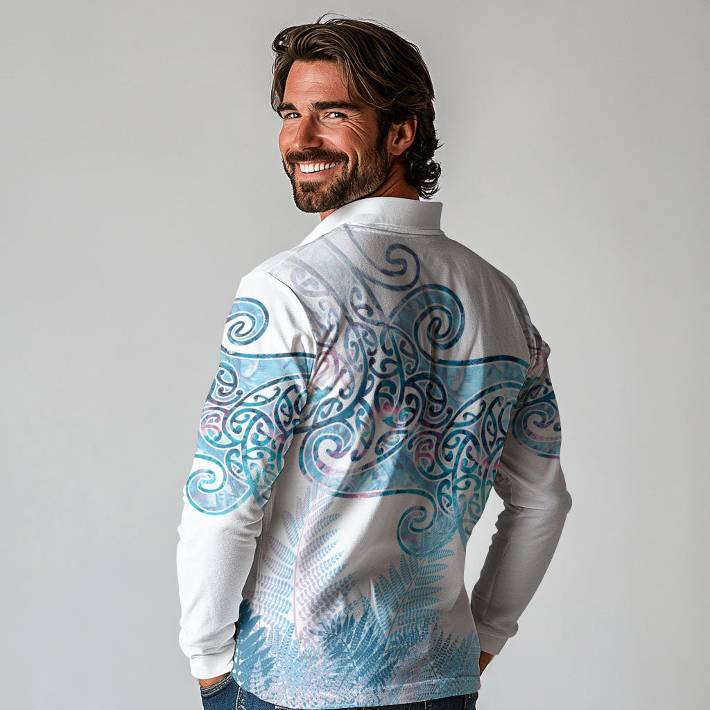 Aotearoa Maori Koru Curves Long Sleeve Polo Shirt Aqua Paua Shell