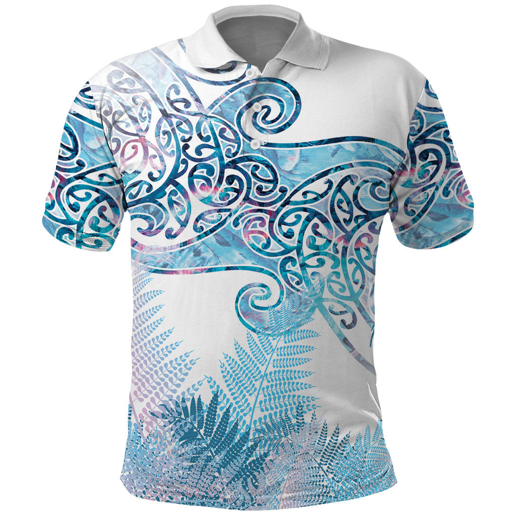 Aotearoa Maori Koru Curves Polo Shirt Aqua Paua Shell LT7 Blue - Polynesian Pride
