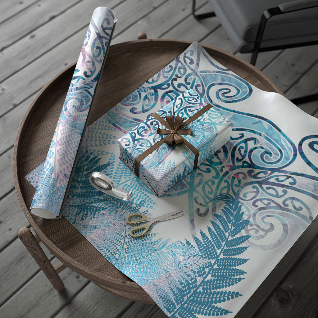 Aotearoa Maori Koru Curves Wrapping Paper Aqua Paua Shell