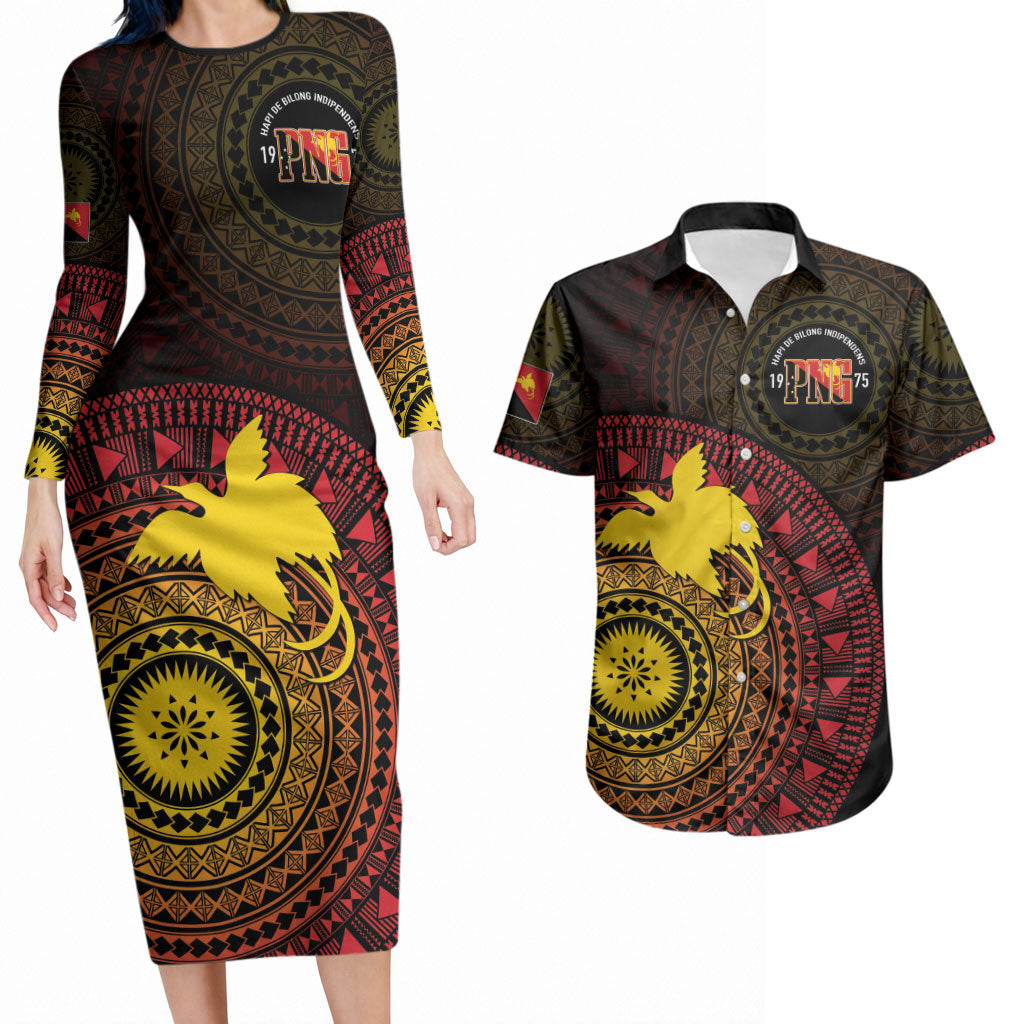 Papua New Guinea Independence Personalized Couples Matching Long Sleeve Bodycon Dress and Hawaiian Shirt Tapa Circle LT7 Black - Polynesian Pride