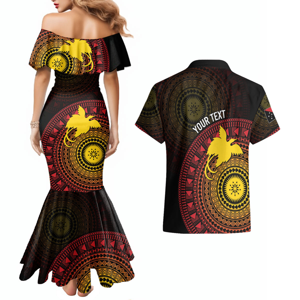 Papua New Guinea Independence Personalized Couples Matching Mermaid Dress and Hawaiian Shirt Tapa Circle