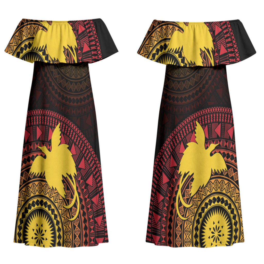 Papua New Guinea Independence Personalized Couples Matching Off Shoulder Maxi Dress and Hawaiian Shirt Tapa Circle LT7 - Polynesian Pride