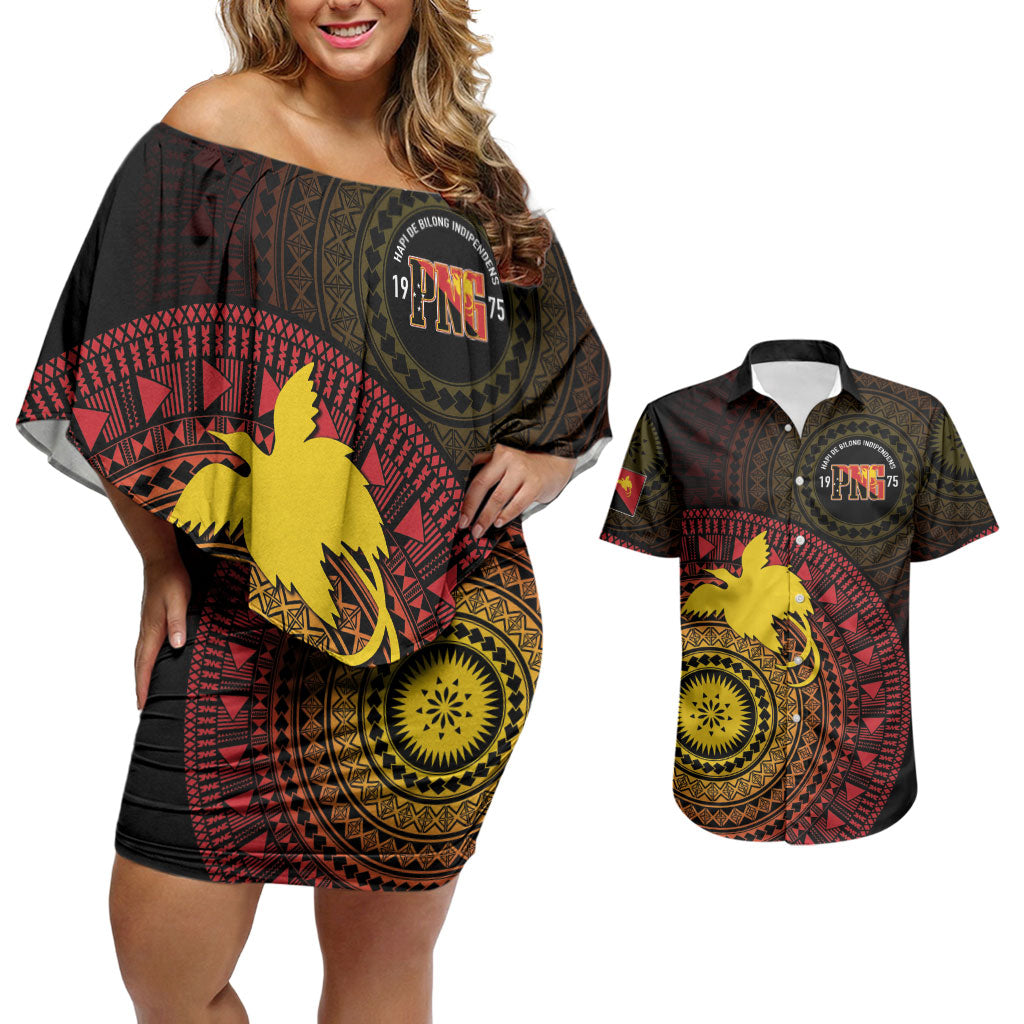 Papua New Guinea Independence Personalized Couples Matching Off Shoulder Short Dress and Hawaiian Shirt Tapa Circle LT7 Black - Polynesian Pride