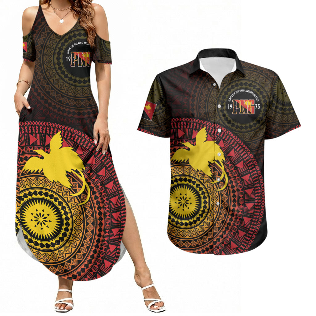 Papua New Guinea Independence Personalized Couples Matching Summer Maxi Dress and Hawaiian Shirt Tapa Circle LT7 Black - Polynesian Pride