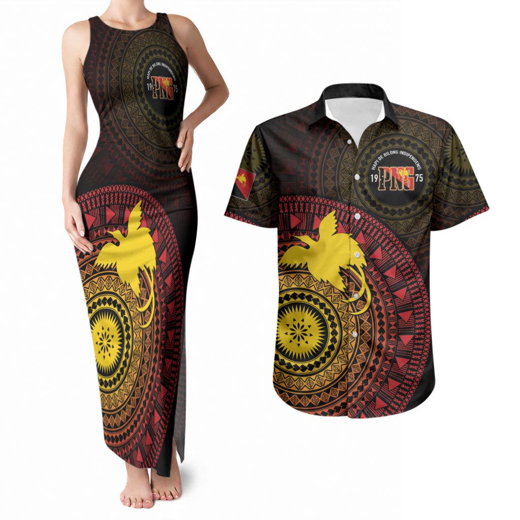 Papua New Guinea Independence Personalized Couples Matching Tank Maxi Dress and Hawaiian Shirt Tapa Circle LT7 Black - Polynesian Pride