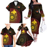 Papua New Guinea Independence Personalized Family Matching Off The Shoulder Long Sleeve Dress and Hawaiian Shirt Tapa Circle