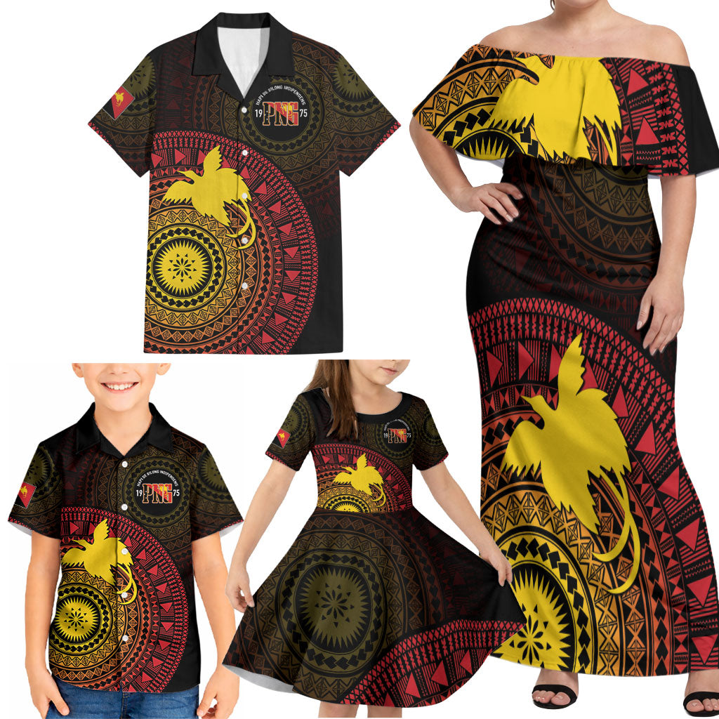 Papua New Guinea Independence Personalized Family Matching Off Shoulder Maxi Dress and Hawaiian Shirt Tapa Circle LT7 - Polynesian Pride