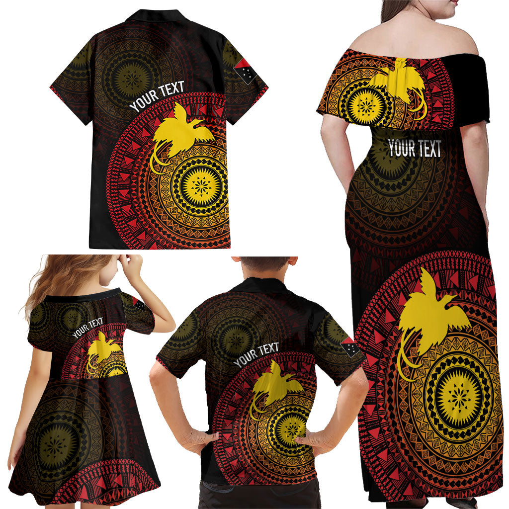 Papua New Guinea Independence Personalized Family Matching Off Shoulder Maxi Dress and Hawaiian Shirt Tapa Circle