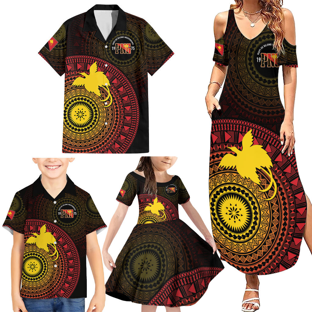 Papua New Guinea Independence Personalized Family Matching Summer Maxi Dress and Hawaiian Shirt Tapa Circle
