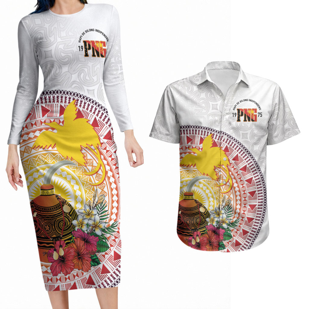 Hapi De Bilong Indipendens Papua New Guinea Couples Matching Long Sleeve Bodycon Dress and Hawaiian Shirt PNG Lime Pot LT7 White - Polynesian Pride