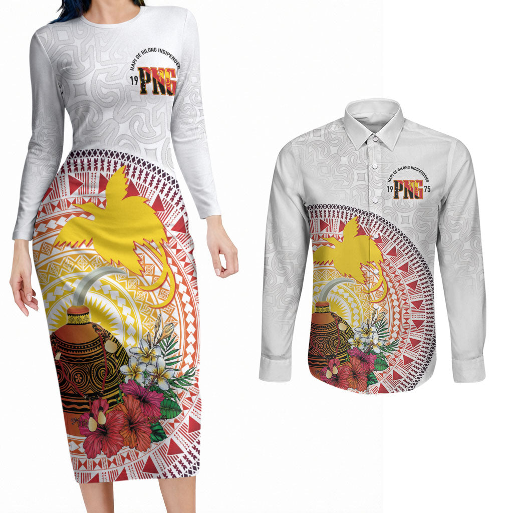 Hapi De Bilong Indipendens Papua New Guinea Couples Matching Long Sleeve Bodycon Dress and Long Sleeve Button Shirt PNG Lime Pot LT7 White - Polynesian Pride