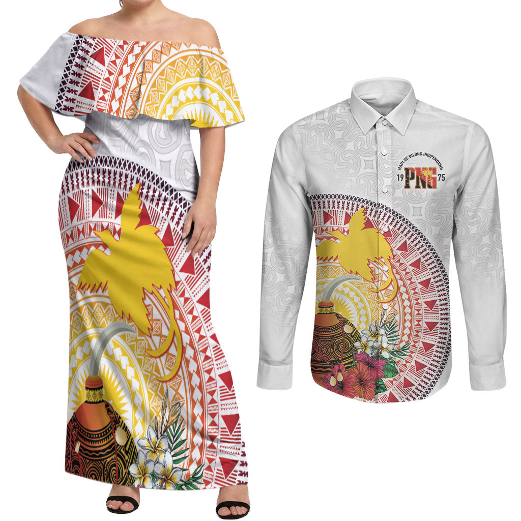 Hapi De Bilong Indipendens Papua New Guinea Couples Matching Off Shoulder Maxi Dress and Long Sleeve Button Shirt PNG Lime Pot LT7 White - Polynesian Pride