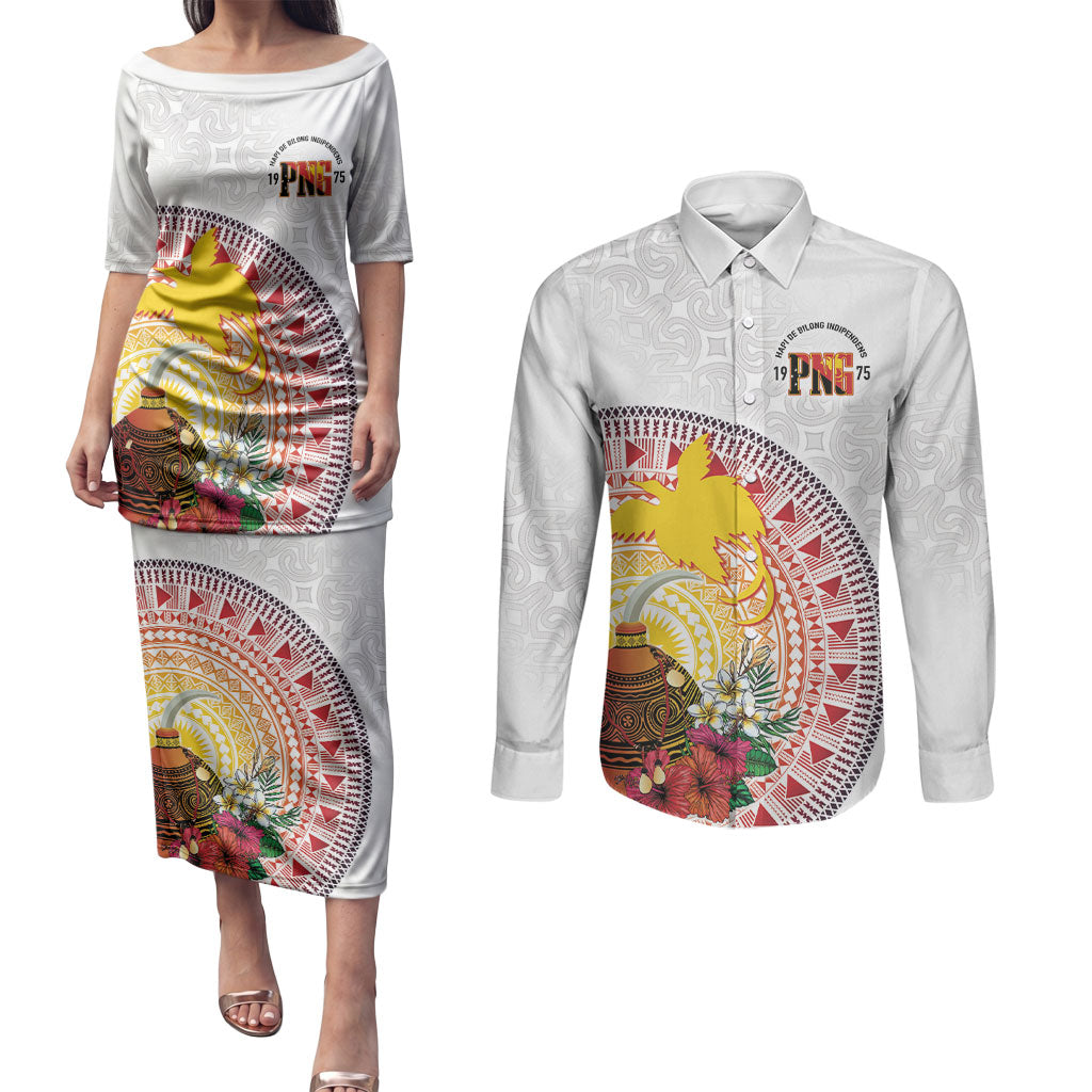 Hapi De Bilong Indipendens Papua New Guinea Couples Matching Puletasi and Long Sleeve Button Shirt PNG Lime Pot LT7 White - Polynesian Pride