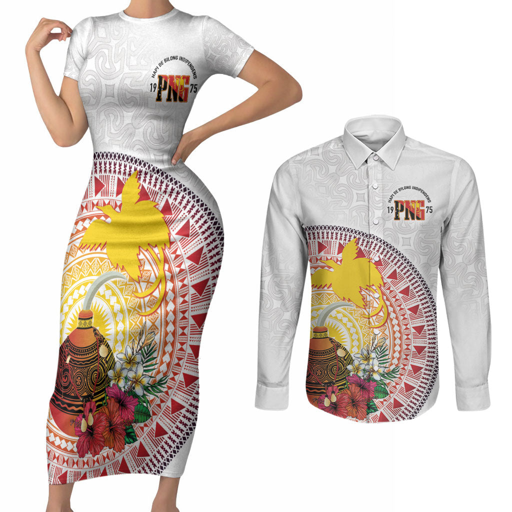 Hapi De Bilong Indipendens Papua New Guinea Couples Matching Short Sleeve Bodycon Dress and Long Sleeve Button Shirt PNG Lime Pot LT7 White - Polynesian Pride
