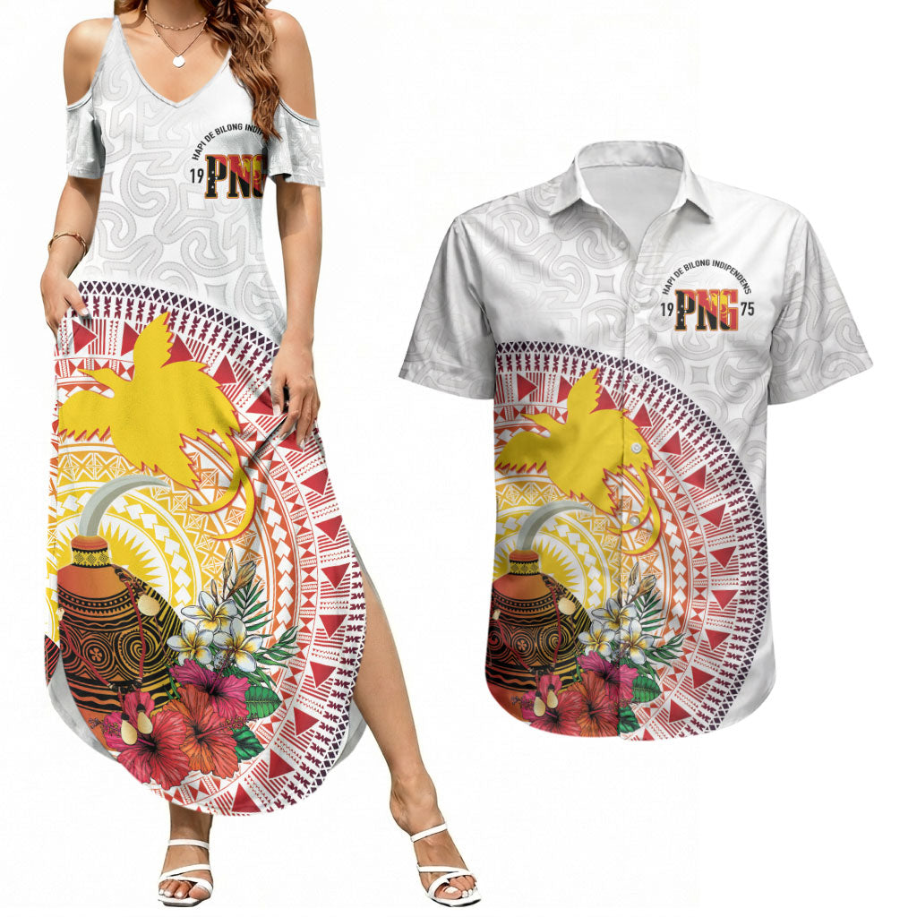 Hapi De Bilong Indipendens Papua New Guinea Couples Matching Summer Maxi Dress and Hawaiian Shirt PNG Lime Pot LT7 White - Polynesian Pride
