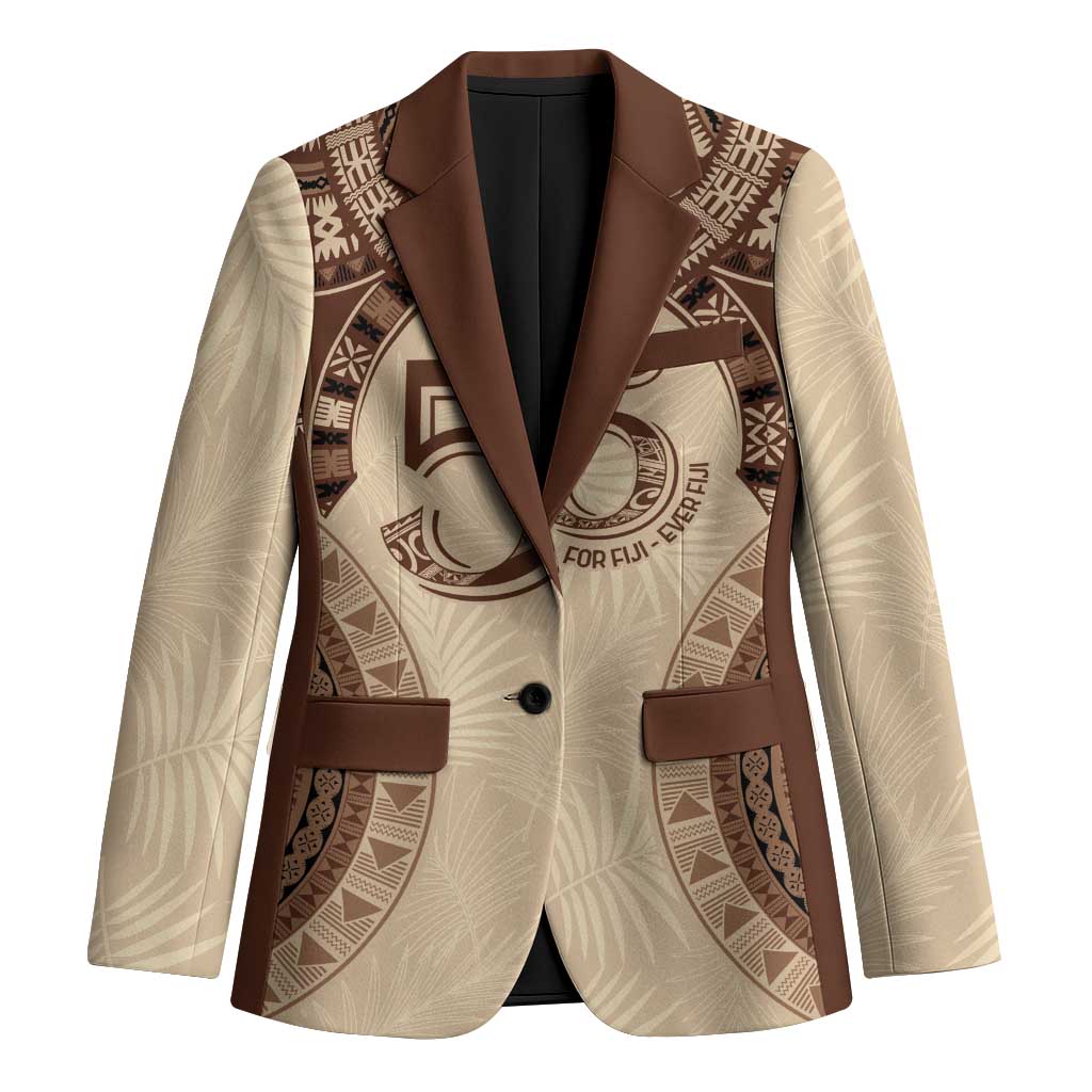 Bula Fiji Day 55th Anniversary Masi Tapa Blazer Emerald Jubilee - Beige - Polynesian Pride