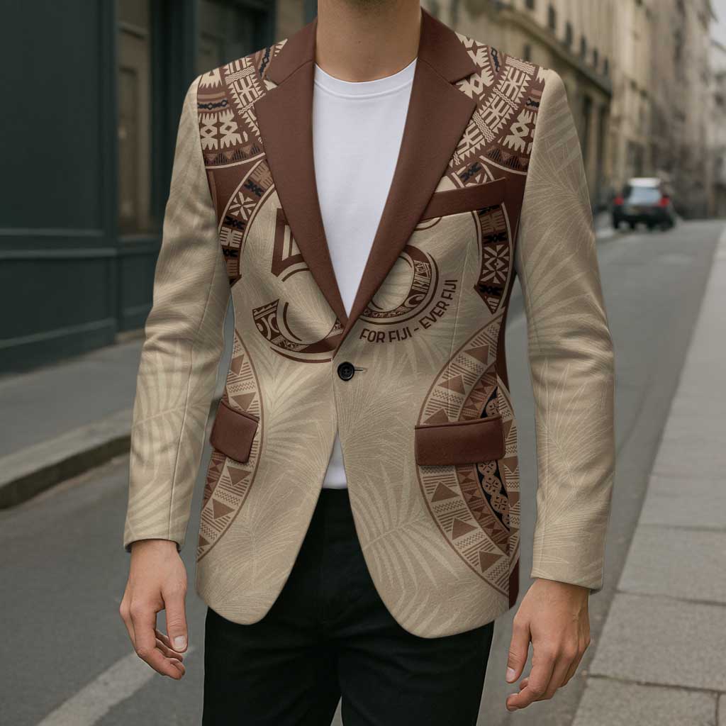 Bula Fiji Day 55th Anniversary Masi Tapa Blazer Emerald Jubilee - Beige - Polynesian Pride