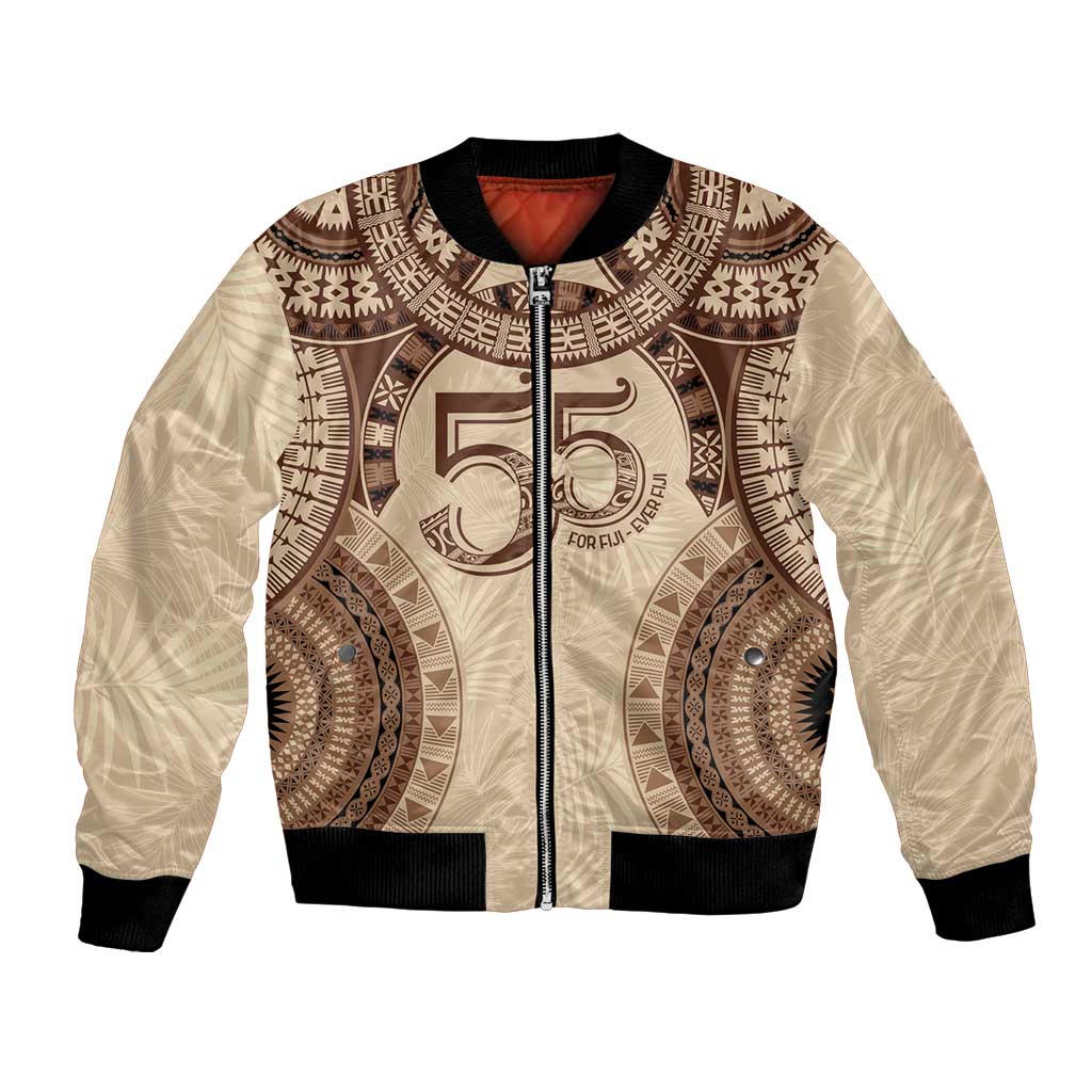 Bula Fiji Day 55th Anniversary Masi Tapa Bomber Jacket Emerald Jubilee - Beige - Polynesian Pride