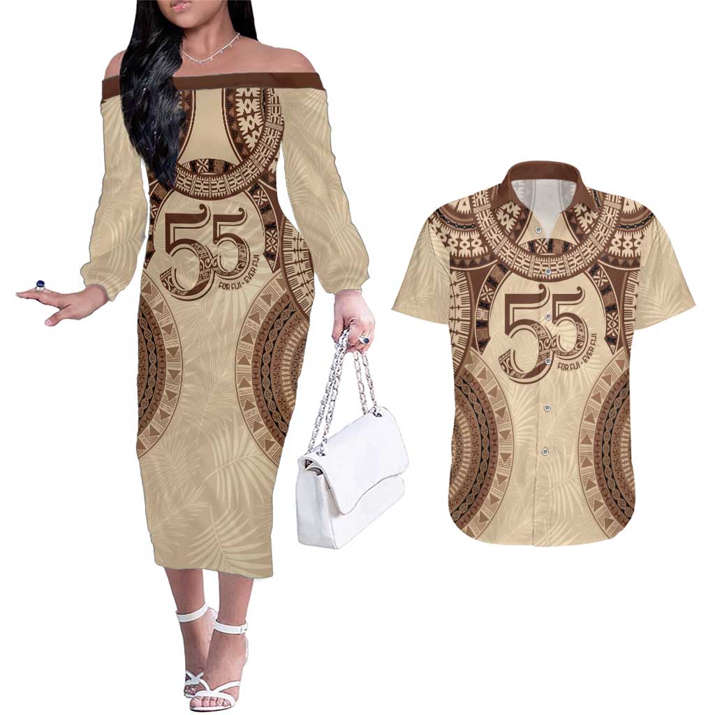 Bula Fiji Day 55th Anniversary Masi Tapa Couples Matching Off The Shoulder Long Sleeve Dress and Hawaiian Shirt Emerald Jubilee - Beige - Polynesian Pride